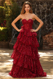 Sparkly Burgundy Princess Sweetheart Fringed Long Sequin Formal Dress with Ruffles