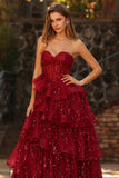 Sparkly Burgundy Princess Sweetheart Fringed Long Sequin Formal Dress with Ruffles