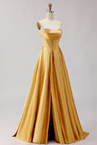 Golden Strapless Satin A-Line Corset Long Prom Dress