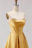 Golden Strapless Satin A-Line Corset Long Prom Dress