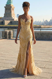 Golden Sweetheart Mermaid Beaded Long Prom Dress with Slit