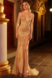 Golden Mermaid Sweetheart Beaded Long Prom Dress with Slit