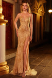 Golden Mermaid Sweetheart Beaded Long Prom Dress with Slit