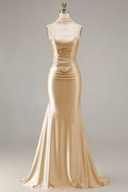 Strapless Mermaid Sparkly Champagne Satin Beaded Convertible Long Formal Dress