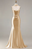 Strapless Mermaid Sparkly Champagne Satin Beaded Convertible Long Formal Dress