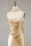 Strapless Mermaid Sparkly Champagne Satin Beaded Convertible Long Formal Dress