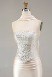 Champagne Strapless Mermaid Beaded Convertible Long Prom Dress