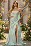 Light Green Strapless Mermaid Corset Side Slit Maxi Dress with a Neck Scarf