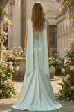 Light Green Strapless Mermaid Corset Side Slit Maxi Dress with a Neck Scarf