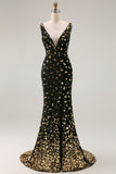 Black Golden Sequin Mermaid V Neck Open Back Long Prom Dress with Slit