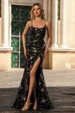 Sparkly Black Purple Floral Mermaid Sequins Long Formal Dress with Embroidery