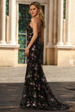 Sparkly Black Purple Floral Mermaid Sequins Long Formal Dress with Embroidery