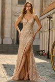Sparkly Champagne Sequins Mermaid Lace Up Back Long Prom Dress with Slit