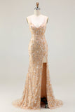 Champagne Beaded Mermaid Sequin Lace Up Back Long Prom Dress with Slit