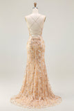 Champagne Beaded Mermaid Sequin Lace Up Back Long Prom Dress with Slit