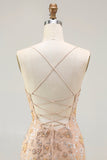 Champagne Beaded Mermaid Sequin Lace Up Back Long Prom Dress with Slit