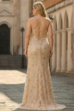 Champagne Beaded Mermaid Sequin Long Plus Size Prom Dress with Slit and Lace Up Back