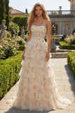 Pink Floral Strapless A Line Tiered Ruffled Beaded Long Corset Formal Dress