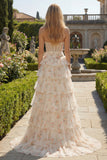 Pink Floral Strapless A Line Tiered Ruffled Beaded Long Corset Formal Dress