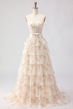 Pink Floral Strapless A Line Tiered Ruffled Beaded Long Corset Formal Dress