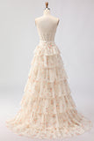 Pink Floral Strapless A Line Tiered Ruffled Beaded Long Corset Formal Dress
