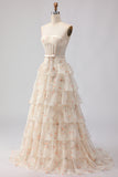 Pink Floral Strapless A Line Tiered Ruffled Beaded Long Corset Formal Dress