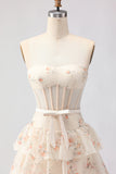 Pink Floral Strapless A Line Tiered Ruffled Beaded Long Corset Formal Dress