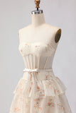 Pink Floral Strapless A Line Tiered Ruffled Beaded Long Corset Formal Dress