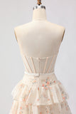 Pink Floral Strapless A Line Tiered Ruffled Beaded Long Corset Formal Dress