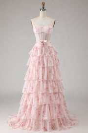 Pink Floral Strapless A Line Tiered Ruffled Beaded Long Corset Formal Dress