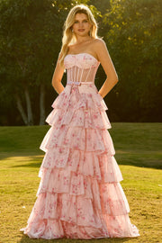 Pink Strapless Floral A Line Corset Beaded Tiered Long Prom Dress with Ruffles