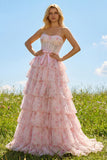 Pink Floral Strapless A Line Tiered Ruffled Beaded Long Corset Formal Dress