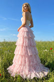 Pink Floral Strapless A Line Tiered Ruffled Beaded Long Corset Formal Dress