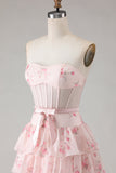 Pink Floral Strapless Tiered A Line Corset Print Beaded Long Prom Dress with Ruffles