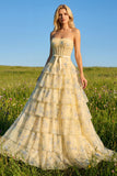 Pink Floral Strapless A Line Tiered Ruffled Beaded Long Corset Formal Dress