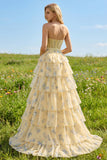 Pink Floral Strapless A Line Tiered Ruffled Beaded Long Corset Formal Dress