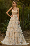 Strapless A Line Yellow Floral Beaded Corset Long Prom Dress with Ruffles