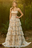 Pink Strapless Floral A Line Corset Beaded Tiered Long Prom Dress with Ruffles