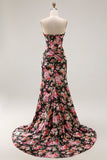 Black Pink Floral Mermaid Strapless Corset Long Prom Dress with Slit