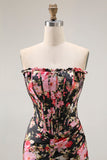 Black Pink Floral Mermaid Strapless Corset Long Prom Dress with Slit