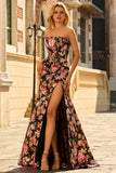 Black Pink Floral Mermaid Strapless Corset Long Prom Dress with Slit