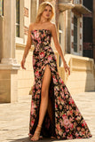 Black Pink Floral Mermaid Strapless Corset Long Prom Dress with Slit