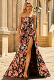 Black Pink Floral Mermaid Strapless Corset Long Prom Dress with Slit