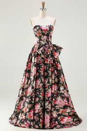 Black Pink Flower Printed A Line Strapless Long Formal Dress with Bow