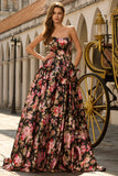 Black Pink A-Line Strapless Print Floral Long Prom Dress with Bow