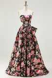 Black Pink A-Line Strapless Print Floral Long Prom Dress with Bow