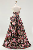 Black Pink A-Line Strapless Print Floral Long Prom Dress with Bow