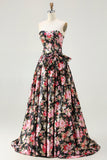 Black Pink Flower A Line Strapless Printed Long Prom Dress with Bow