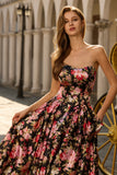 Black Pink A-Line Strapless Print Floral Long Prom Dress with Bow