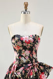Black Pink Flower A Line Strapless Printed Long Prom Dress with Bow